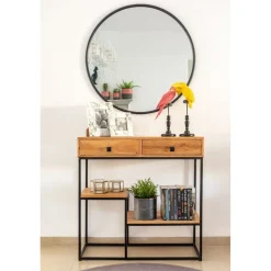 Consola de madera acacia con dos cajones y estantes Bremen 80x30x81cm
