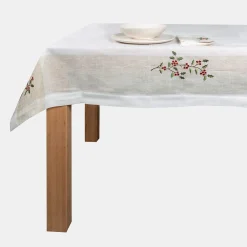 Mantel de Navidad blanco bordado Muérdago 150x250cm