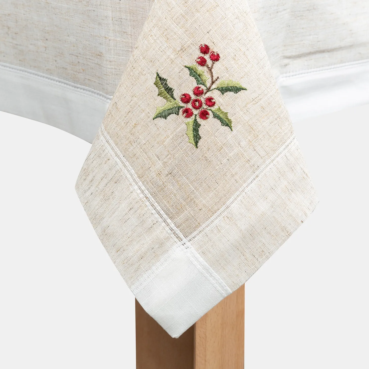 Mantel de Navidad blanco bordado Muérdago 150x250cm