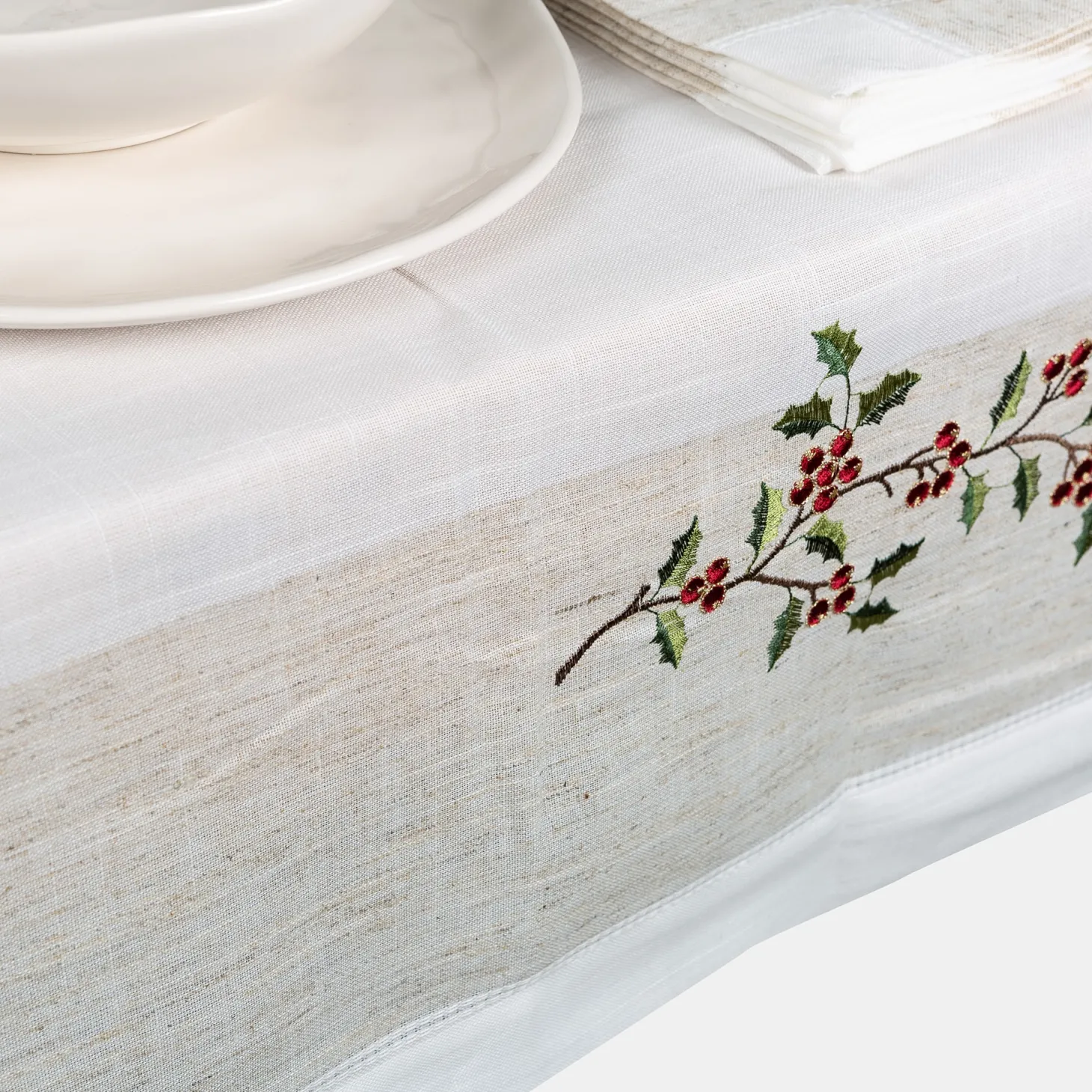 Mantel de Navidad blanco bordado Muérdago 150x250cm