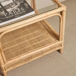 Mesa auxiliar de ratán y cristal Corvo 55x55x50cm