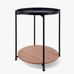 Mesa auxiliar redonda negra de acero y madera Linz ø42x52cm