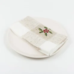 Servilleta blanca bordado Muérdago 45x45cm