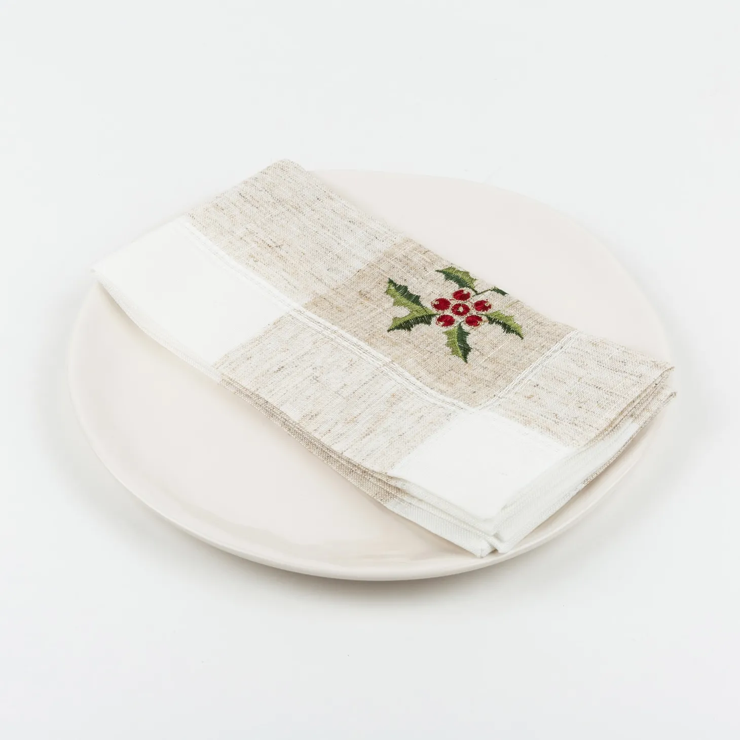 Servilleta blanca bordado Muérdago 45x45cm