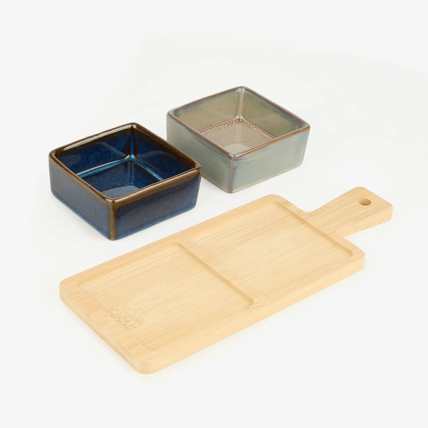 Set de 2 cuencos de cerámica de colores con bandeja de madera