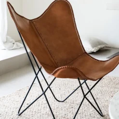 Silla mariposa de cuero marrón July 75x87x86cm