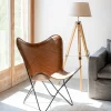 Silla mariposa de cuero y ratán marrón Katy 72x78x92cm