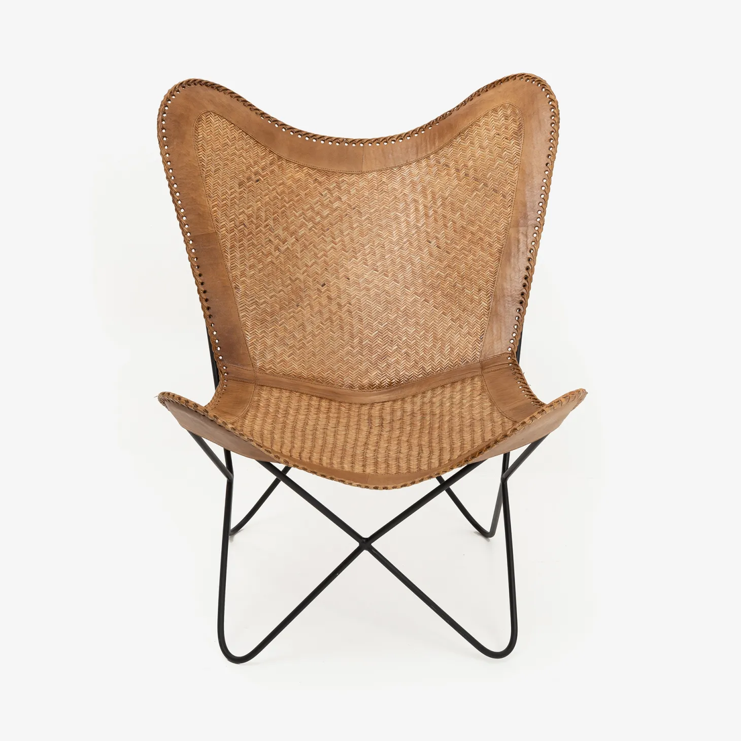 Silla mariposa de cuero y ratán marrón Katy 72x78x92cm