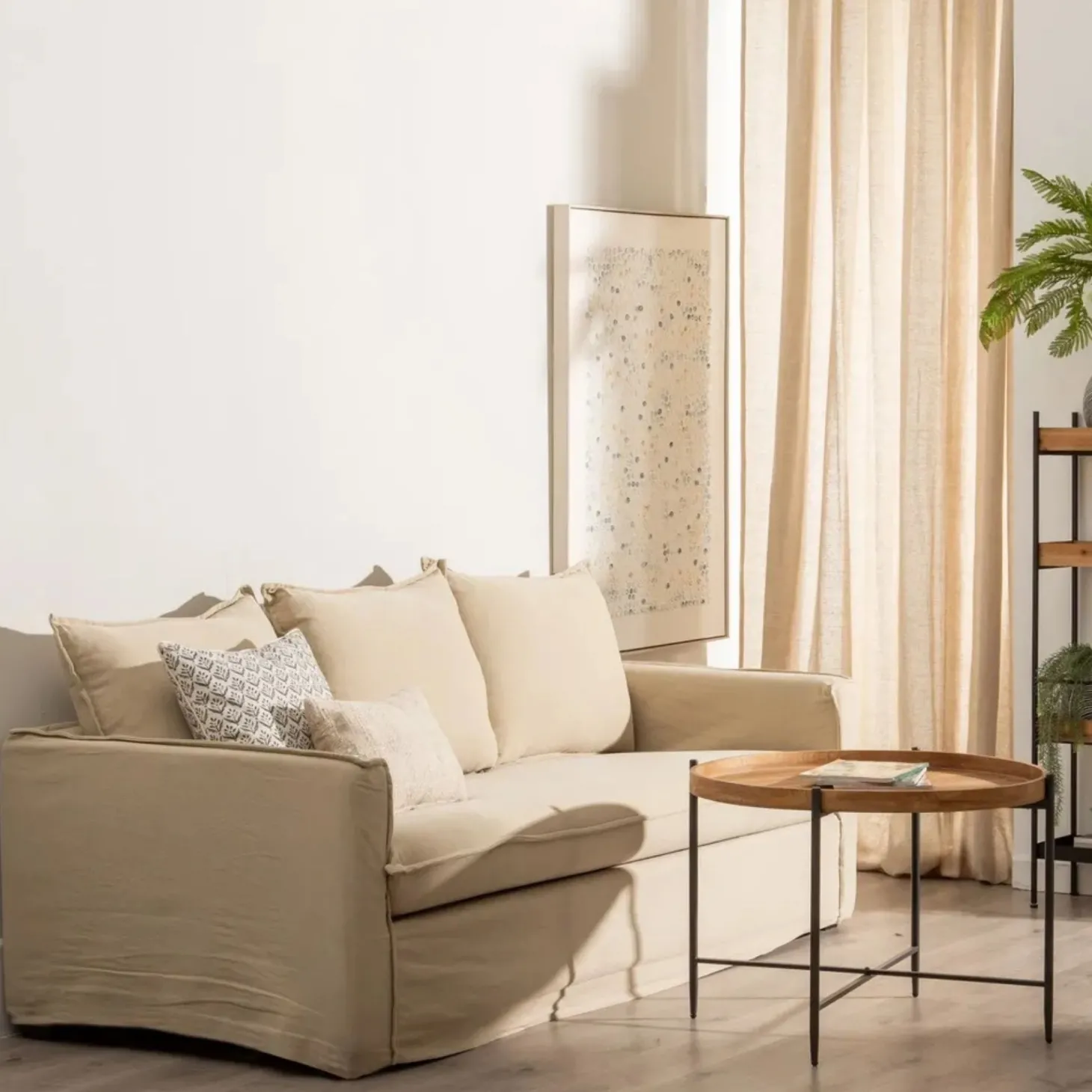 Sofá de 3 plazas de lino y algodón beige Bristol 220x95x90cm